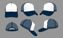 Navy Blue-White Trucker Cap With Mesh Four Panel Back And Adjustable Snap Back Strap Design Vector On Gray Background.
