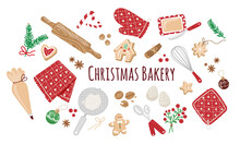 Set of Christmas Baking elements,home baking in winter.Gingerbread cookies, ingredient cooking,decoration.