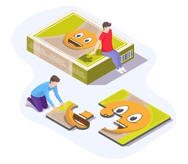 Wall Mural - Kids friends playing jigsaw puzzle game together, vector isometric illustration. Home leisure activities.