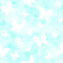 Seamless Watercolor Botanical Summer Pattern With White Butterflies Background
