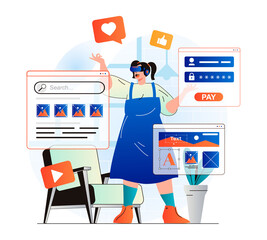 Aufkleber - Cyberspace concept in modern flat design. Woman working at internet using VR headset and touches visual interface with banking or search services. Virtual augmented reality. Vector illustration