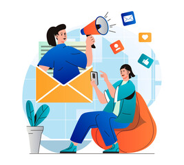 Aufkleber - Email marketing concept in modern flat design. Woman receiving newsletter in mobile app. Marketer with megaphone attracts new customers. Online promotion and advertising campaign. Vector illustration