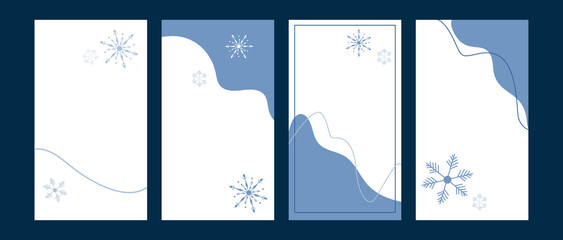 Set of four winter vertical abstract backgrounds with snowflake. Can be used for Instagram stories, advertising banners, wedding invitations	