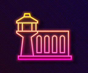 Poster - Glowing neon line Airport control tower icon isolated on black background. Vector