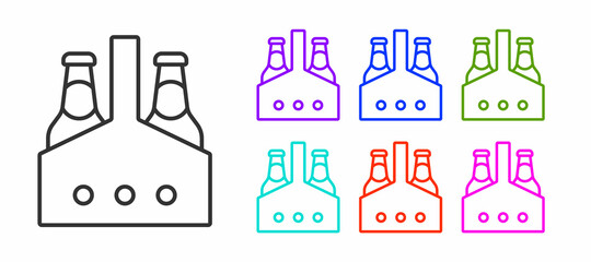 Black line Pack of beer bottles icon isolated on white background. Case crate beer box sign. Set icons colorful. Vector