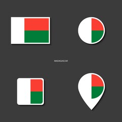 Madagascar flag icon set in different shape (rectangle, circle, square and marker icon) on dark grey background.