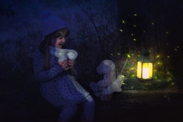 Wall Mural - Little girl at night time with a teddy bear in the forest