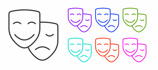 Sticker - Black line Comedy and tragedy theatrical masks icon isolated on white background. Set icons colorful. Vector