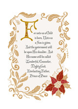 Decorative Christmas Card With Golden Floral Border And Bible Verse From Isaiah Book, In Old Illuminated Calligraphy Style.