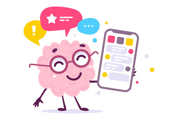 Vector Creative Illustration of Happy Pink Human Brain Character with Smart Phone and Speech Bubble on White Color Background. Flat Doodle Style Knowledge Concept Design of Emotional Brain in Glasses