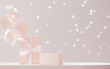 Minimal product background for Christmas, New year, festive concept. Beige pink pastel subtle color gift boxes with pink ribbon bow and confetti. 3d render illustration.