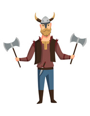 Viking man with horned helmet and two axe. Bearded men warrior or hero of scandinavian legends. Cartoon barbarian history character with weapon