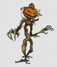 Digital Painting Of A Pumpkin Monster With Vine Body And Glowing Eyes For Halloween Isolated On White - Fantasy Illustration