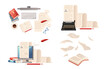 Set of office workplace for education with books paper and computer vector illustration on white background