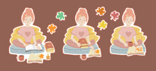 Set Of Autumn Cozy Stickers A Girl Wrapped In A Warm Blanket Sits In A Lotus Position Reads Books, Drinks Coffee, Writes In A Diary.
