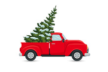 Red Truck Carrying A Сhristmas Tree, Isolated Clip Art On White Background, Vector Illustration In Flat Cartoon Style, Postcard, Banner