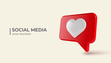 Social Media Notifications Icon. Glossy Red Speech Bubble With White Heart. Realistic 3d Design. Vector Illustration