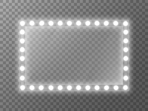 Fototapete - Mirror light. Makeup mirror with white bulbs. Rectangle glass for poster or advertisement. Silver glowing frame on transparent background. Vector illustration