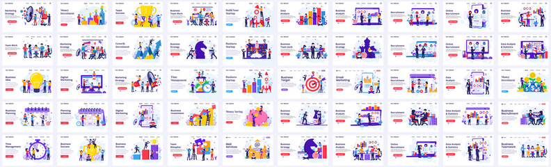 Wall Mural - Mega Collection of Business concept flat vector illustration. Set of Landing page design concept of Business Analysis, Marketing, Team Metaphor, Recruitment templates vector illustration