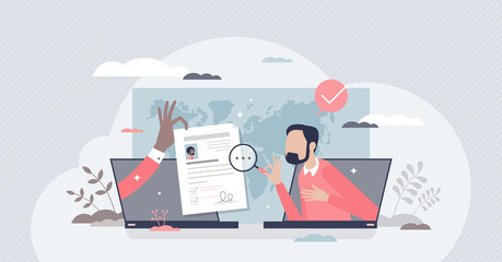 Hiring remotely and send job application or CV online tiny person concept. Distant freelance work review and applying to occupation using laptop and remote connection interview vector illustration.