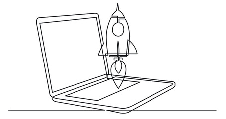 Wall Mural - one line drawing of laptop computer with rocket launch as business concept of startup