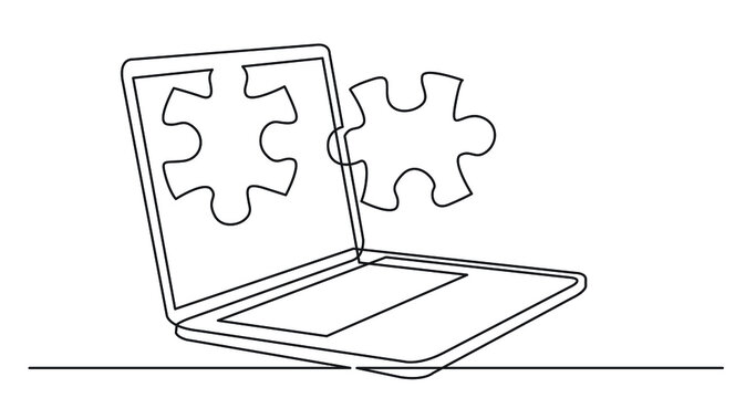 one line drawing of laptop computer with puzzle pieces as business concept of solution