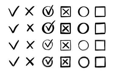 Aufkleber - Check and cross mark set. Hand drawn doodle sketch style. Vote, yes, no drawn concept. Checkbox, cross mark with box, circle element. Vector illustration.