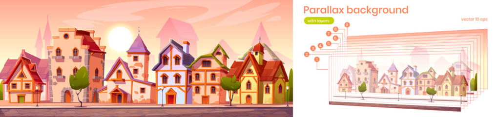 Wall Mural - parallax game background medieval town street with old european buildings. cartoon 2d cityscape sepa
