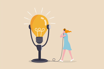 Wall Mural - Motivation podcast, listen to inspiration idea for self improvement and career development, success story concept, inspired woman using headphone to listen to big lightbulb idea podcast microphone.