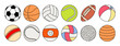 Sports ball sketch set. Color icon. Vector freehand illustration. Football, basketball, volleyball, baseball, rugby, billiards, tennis, golf, beach, fitness equipment