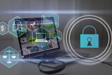 Person using a laptop computer with technology cybersecurity and privacy concept. protection and safe data for global network security