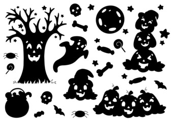Wall Mural - Set of black silhouettes pumpkin, ghost, tree, bat, bones. Halloween theme. Vector illustration isolated on white background. Template for books, stickers, posters, cards, clothes.
