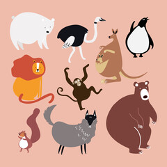 Poster - Cute animal stickers vector colorful wildlife doodle for kids collection