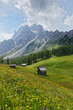 Blühende Bergwiese mit einer Holzhütte vor Gipfeln der Sextner Dolomiten, Pustertal, Alpen, Südtirol, Italien 