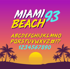 Miami beach trendy retro type font alphabet with numbers - vector template. Handwritten summer type font 80s style with vintage sunset, palms on the coast background. Gradient beach cover design