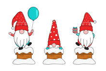 Cute Three Gnomes In Red Snowflakes Santa Clause Hat Show Up From Snow-covered Chimney Holding Gift Box And Floating Balloon. Greeting And Celebrate Christmas And New Year. Vector Illustration.