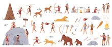 Prehistoric Stone Age Cave People, Tools And Ancient Wild Animals Vector Illustration Set. Cartoon Caveman Hunter Characters Of Primal Tribe Hunt With Weapon, Cook Food On Fire Isolated On White