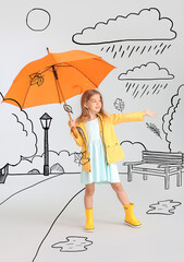 Canvas Print - Cute little girl in raincoat and with umbrella in drawn park on grey background. Autumn concept