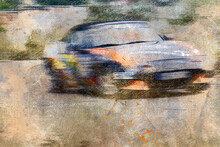 Black And Orange Sports Car. Car On The Racetrack. Digital Watercolor Painting.