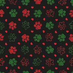 Wall Mural - Doodle Christmas and Happy New Year design paw print seamless fabric design black background pattern