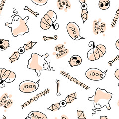 Wall Mural - Cute holidays seamless halloween pattern in simple hand drawn childish cartoon doodle style. One line on a pastel background. Ideal for baby textiles, clothing.