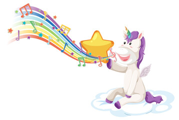 Wall Mural - Cute unicorn sitting on the cloud with melody symbols on rainbow