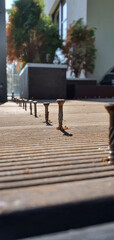 Screws unscrewed during the renovation of a wooden terrace.