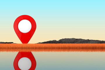 Leinwandbilder - Abstract Red Map Pointer Pin Standing in Autumn Long Grass on a River Bank. 3d Rendering