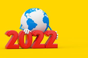 Poster - Earth Globe Character Mascot with 2022 New Year Sign. 3d Rendering