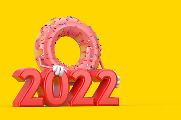 Poster - Big Strawberry Pink Glazed Donut Character Mascot with Red 2022 New Year Sign. 3d Rendering