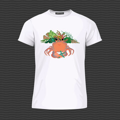 Wall Mural - White T-shirt with cute crab and corals. Vector Illustration