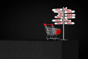 Poster - Shopping Cart Trolley with Sale Signpost over Black Cube. 3d Rendering