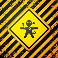 Sticker - Black Voodoo doll icon isolated on yellow background. Happy Halloween party. Warning sign. Vector