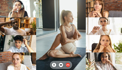 Young multiethnic people, men and women watching yoga trainings, sport tv programme using video app. PC, laptop screen. Collage